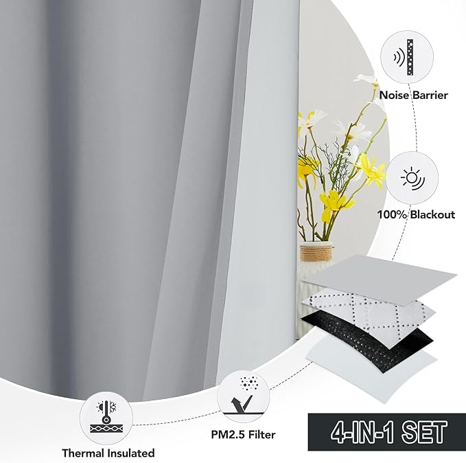 RYB HOME Soundproof & Dust Particle Filtering Curtains 100% Blackout Thermal Insulated Window Treatment Air Filter Drapes for Bedroom Living Room Kids Nursery, Silver Grey, W52 x L63 inch, 2 Panels
