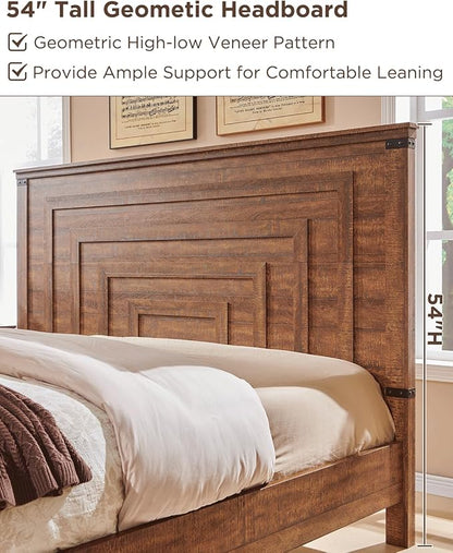 T4TREAM Farmhouse Queen Size Bed Frame with 54" Tall Geometric Headboard & 2 Large Storage Drawers, Rustic Wood Platform Bed with Wood Slats Support, No Box Spring Needed, Reclaimed Barnwood