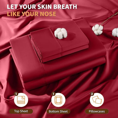LBRO2M 100% Cotton Sheets Set Deep Pocket 19", 1000 Thread Count Full Size 4 Piece Bed Sheet Sets Soft Comfortable Bedding All Season (Full, Burgundy)
