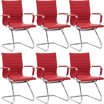 Wahson Office Guest Chairs Set of 6, Leather Reception Chairs, Mid Back Waiting Room Chair, Conference Chairs with Sled Base, Desk Chair No Wheels for Meeting/Lobby/Restroom, Dark Red