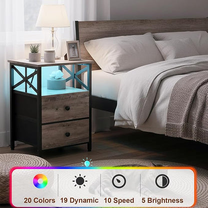 AMHANCIBLE Night Stand Set 2, LED Nightstand with Charging Station, End Tables Living Room with Fabric Drawers, Bed Side Table for Bedroom, Greige, HET052LGY