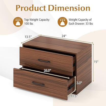 Giantex Stackable 2-Drawer Dressers for Bedroom - Short Dresser Two Drawer Storage Cabinet w/Handles & Anti-Topping Device, Small Dresser Chest of 2 Drawers for Closet Bedroom (1, Walnut)