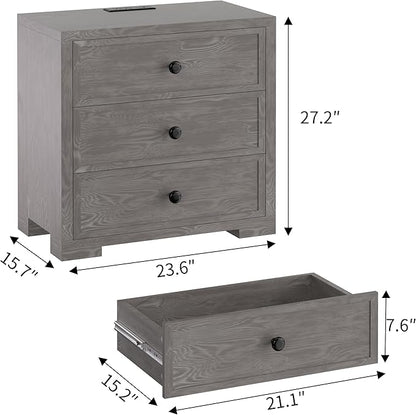 COWMOU Nightstand with Drawers 3 Drawer Night Stand with Charging Station Farmhouse Style Large Bed Side Table Wooden Dresser for Bedroom Living Room (1, Grey Grain)