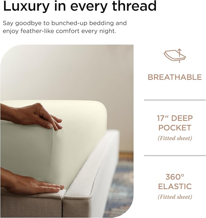 Threadmill 100% Supima Cotton Sheets, Premium 1200 Thread Count Cotton Sheets for King Size Bed, 4 Pc Ivory King Bed Sheets Set, 5-Star Hotel Quality with Elasticized Deep Pocket King Sheet