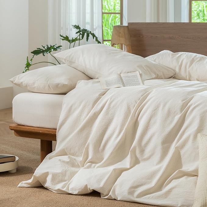 MooMee Striped Duvet Cover Set 100% Washed Cotton Linen Like Textured Breathable Durable Soft Comfy (Almond Milk Grey Pinstripes, King 104"x90")