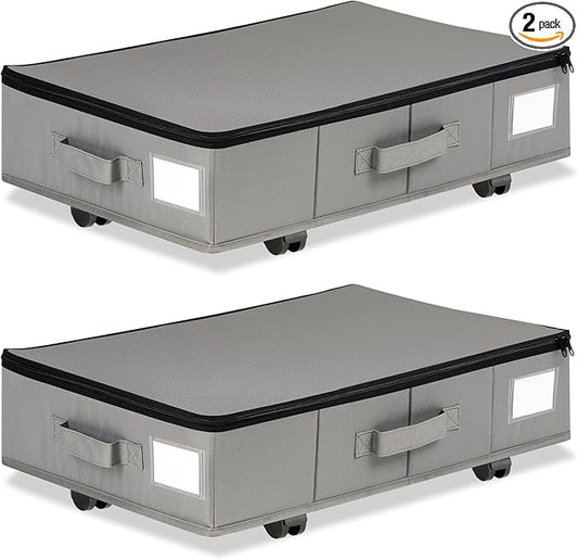 Under Bed Storage with Wheels, 2 Pack Under Bed Storage Containers with Label Holders for Clothes, Shoes and Blankets, Rolling Underbed Shoe Organizer with Cover, Grey (23.6 x 15.7 x 7.28 in)