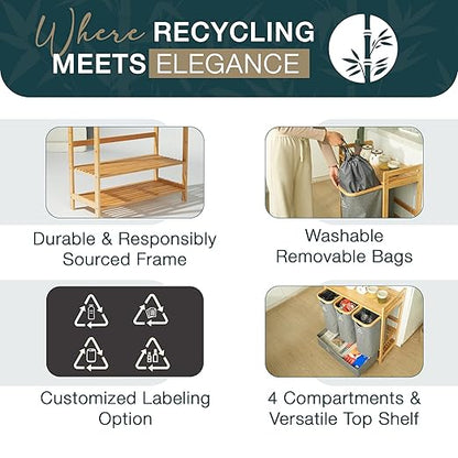 Terratur 4 Section Recycling Bin for Kitchen – Trash and Recycle Bin Combo for Paper, Plastic, Cans – Indoor Recycling Station – Large Kitchen Trash Can – Office Trash and Recycle Bin Organizer