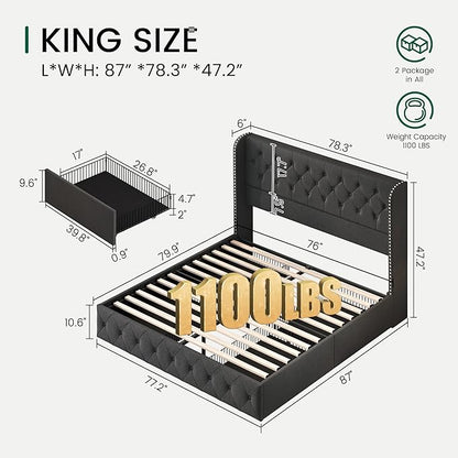 LARMACE King Size Platform Bed Frame with 4 Storage Drawers and Tufted Headboard Linen Upholstered Bed Wingback Bed Frame with Wooden Slats Support, Easy Assembly, Dark Grey