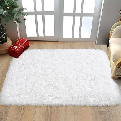 Shaggy Rugs for Bedroom Living Room Dorm Kids Room Decor, Soft Modern Indoor Fluffy Shag Area Rug, Non-Slip Fuzzy Floor Carpet 2x3 Feet, Cute Small Rectangle Plush Rug, White