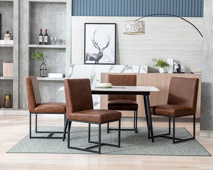 CIMOTA Modern Dining Chairs Set of 2, Leather Dining Room Chairs Upholstered Mid Century Armless Guest Side Chair with Black Base for Dining Room/Kitchen, Vintage Brown 2PCS