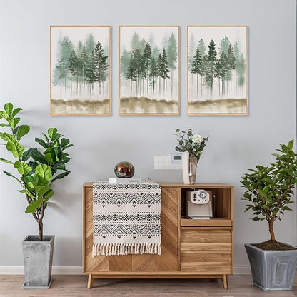 LHIUEM Foggy Pine Tree Framed Canvas Wall Art,Abstract Green Forest Wall Decor,Watercolor Nature Misty Forest Art Print for Living Room, Bedroom,Dining Room, Office-16''x24''x3