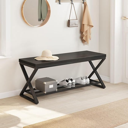 LVB Black Entryway Bench with Storage, Indoor Shoe Bench with Seating for Hallway, Accent Storage Bench for Living Room Bedroom, Simple Small Shoe Rack Benchs for Foyer Entrance, Black Oak, 39 inch
