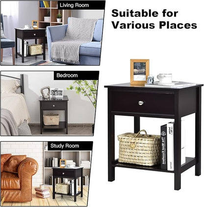 Giantex Nightstand Set of 2, Wood End Table with Drawer and Open Shelf, Night Stand for Small Spaces, 2-Tier Bedside Table for Living Room Bedroom Dorm, Easy Assembly, Black