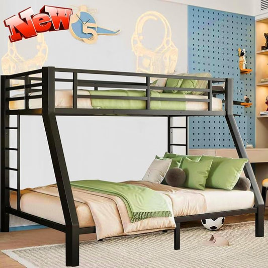 Upgraded Version Thicken Metal Heavy-Duty Twin XL Over Queen Bunk Bed, Modern Style Stronger Twin Over Queen Size Bunk Bed with Ladder for Adults, Easy Assembly (Twin XL Over Queen-2 Ladder)
