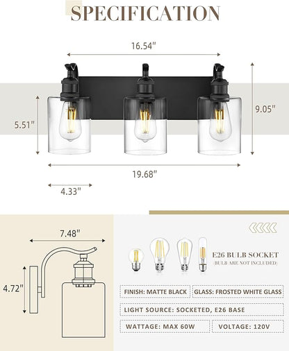 3-Light Black Bathroom Light Fixture Over Mirror, Modern Vanity Light, Clear Glass Wall Sconce, VL01BK-3