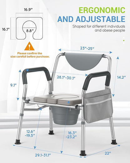 Heavy Duty Bariatric Commode, 4-in-1 Portable Bedside Commode or Over-Toilet Chair, Extra-Wide | Adjustable Height | Easy to Clean, Handicap Commode Chair for Eldery, Disabled People