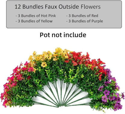 HyeFlora Artificial Flowers for Outdoor Indoor Garden Home Decoration, Faux Flower Daisy with Eucalyptus Leaves Fake Plants Greenery Boxwood Porch Patio, 12 Bundles (Mix Pink Red Purple Yellow)