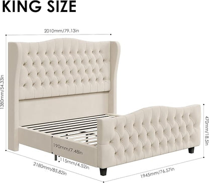 Keyluv King Size 54.3” Tall Platform Bed Frame with Deep Button Tufted Wingback Headboard and Footboard, Velvet Upholstered Bed Frame with Handmade Pleats, No Box Spring Needed, Beige/Cream