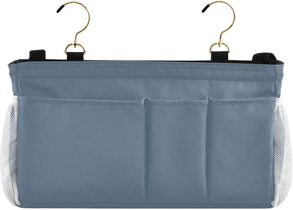 KOPIRIT Dusty Blue Bedside Caddy Storage Bag Bedside Organizer for Headboards Bunk Beds Organizer Caddy Hanging Shelf 6 Pockets with Hooks for Magazine Water Bottle Holder