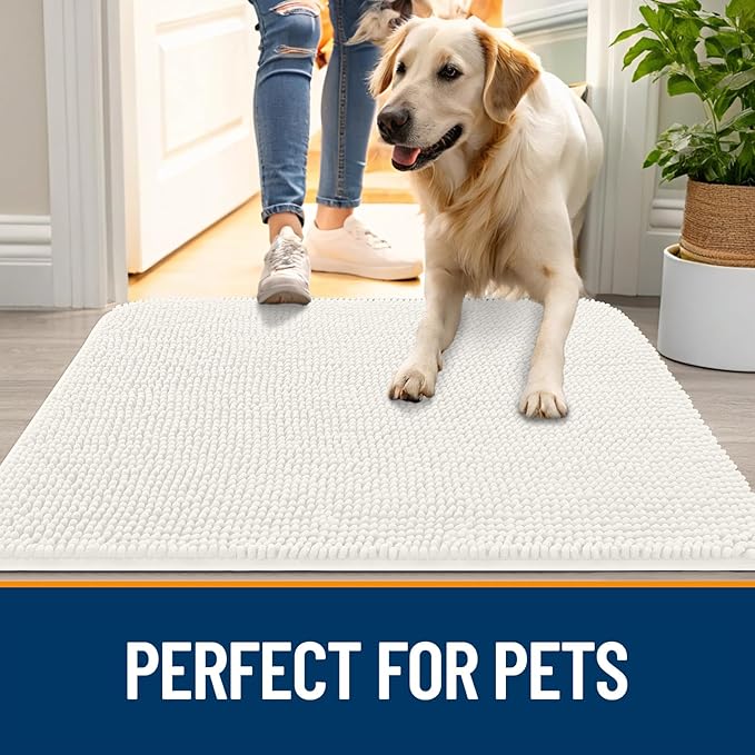 OLANLY Dog Door Mat for Muddy Paws 30x20, Absorbs Moisture and Dirt, Absorbent Non-Slip Washable Doormat, Quick Dry Chenille Mud Mat for Dogs, Entry Indoor Entryway Carpet for Inside Floor, Ivory