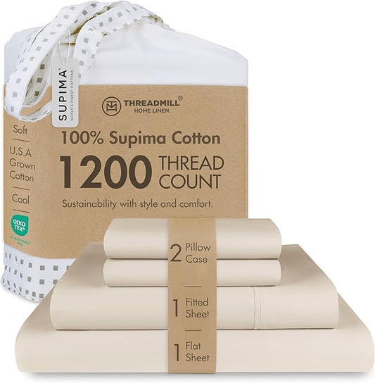 Threadmill Supima Cotton Sheets, 1200 Thread Count Soft 100% Cotton Sheets for Cal King Size Bed, 4 Pc Beige Cal King Bed Sheets Set, 5-Star Hotel Quality with Elasticized Deep Pocket King Sheet