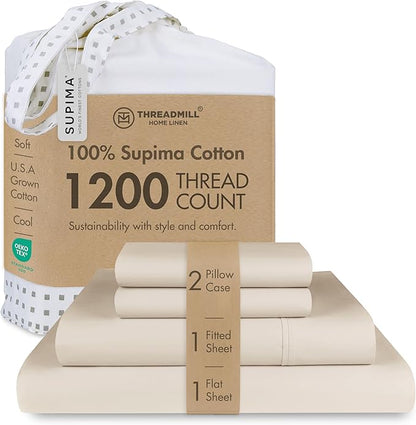 Threadmill Luxury Supima Cotton Sheets, Luxury 1200 Thread Count Soft 100% Cotton Sheets for Full Size Bed, 4 Pc Beige Bed Sheets Full Set, 5-Star Hotel Quality Deep Pocket Bed Sheets Set