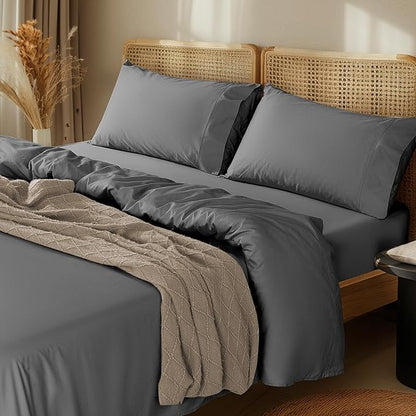 LBRO2M 100% Cotton Sheets Set Deep Pocket 24", 1000 Thread Count Full Size 4 Piece Bed Sheet Sets Soft Comfortable Bedding All Season (Full, Dark Gray)