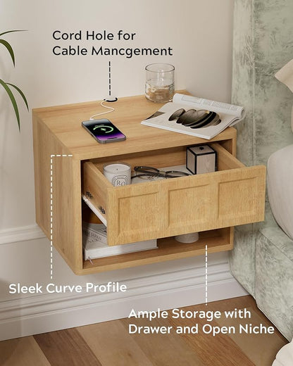 Floating Nightstand Set of 2, Wall Mounted Bedside Table with Storage Drawer and Open Shelf, Night Stand with Curved Corners for Living Room, Bedroom, Dorm, Natural Oak