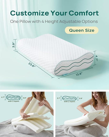 Cervical Neck Pillow, Side Sleeper Pillow for Neck Pain Relief, Adjustable Contour Pillow for Sleeping, Ergonomic Memory Foam Pillow, Orthopedic Cooling Pillow Back Stomach Sleeping, Queen Soft