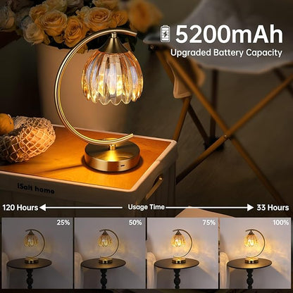Tulip Table Lamp with 5200mAh Battery & Touch Control, Cordless Lamp with 3 Color Temperatures Clear Bulb, Rechargeable Small Table Lamps for Living Room, Bedside, Nightstand (Amber Tulip)