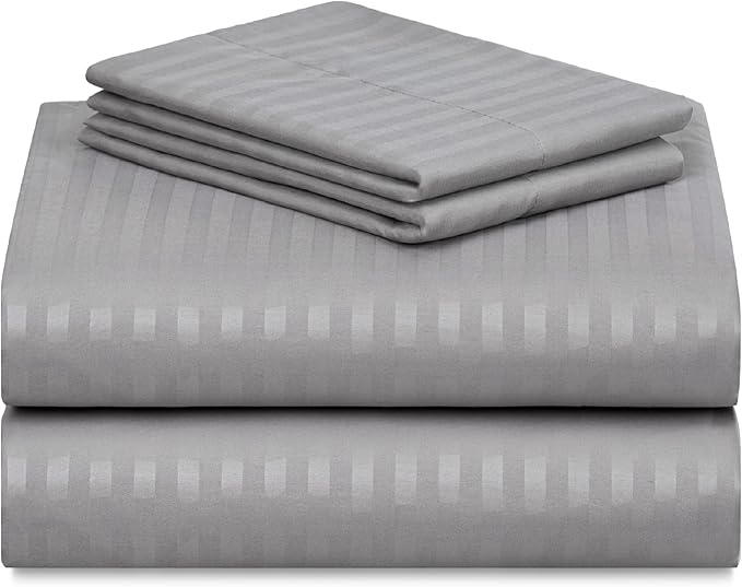 LuxClub 4 PC California King Sheet Set, Deep Pockets Wrinkle Free Cooling Bed Sheets Hotel Bedding for Women, Men, Includes 1 Fitted Sheet, 1 Flat Sheet and 2 Pillowcases-Striped -Light Grey