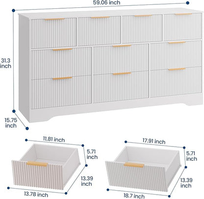 GarveeHome Fluted Dresser for Bedroom with 10 Drawers, 59" Wide Modern Chest of Drawers with Wood Frame, Dresser TV Stand Wooden Closet Clothes Storage Organizer for Living Room, Hallway