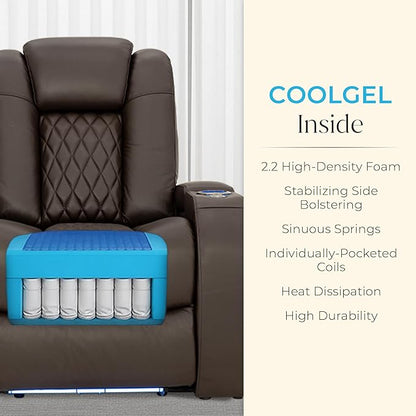Seatcraft Diamante Zero-Gravity CoolZero Italian Leather Home Theater Seating, Power Headrest, Power Recline, Row of 5 Middle Sofa, Brown