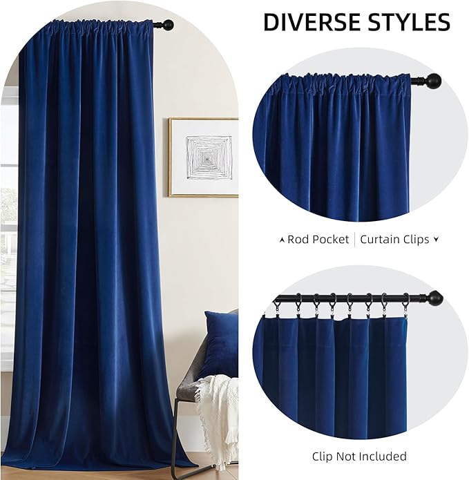 Joydeco Blue Velvet Curtains 108 inch Length 2 Panels Burg Set, Luxury Rod Pocket Thermal Insulated Window Blackout Curtain, Room Darkening Drapes for Living Dining Room Bedroom Privacy