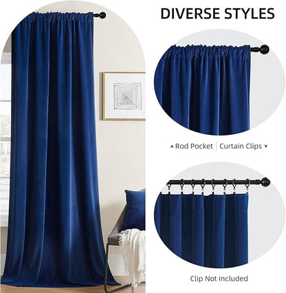 Joydeco Blue Velvet Curtains 120 inch Length 2 Panels Burg Set, Luxury Rod Pocket Thermal Insulated Window Blackout Curtain, Room Darkening Drapes for Living Dining Room Bedroom Privacy