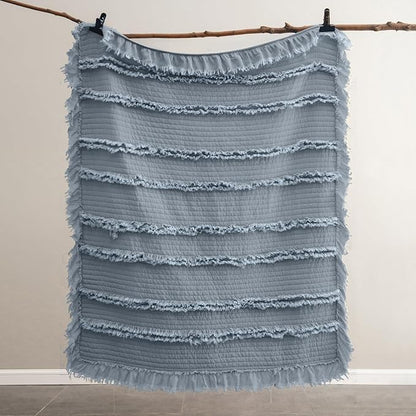 Ultra Soft Pre-Washed Quilted Boho Dark Blue King Size Blankets for Bed, Ruffle Fringed Decorative Throw, Stone Washed Chic Rustic Blanket for Sofa Couch Bed, 104"*90"