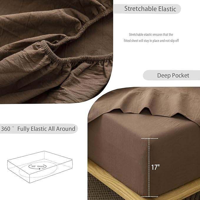 MooMee Fitted Bottom Sheet Only 100% Washed Cotton Linen Like Textured Breathable Durable Soft Comfy Deep Pocket Fits Mattress up to 17" (Cocoa Brown, King)