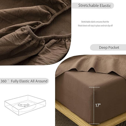 MooMee Fitted Bottom Sheet Only 100% Washed Cotton Linen Like Textured Breathable Durable Soft Comfy Deep Pocket Fits Mattress up to 17" (Cocoa Brown, King)