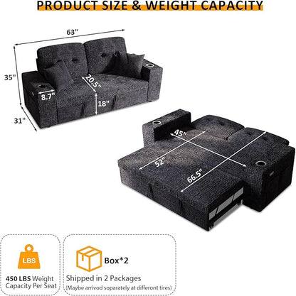 63 Inch Sleeper Sofa Bed, 4 in 1 Pull Out Couch Bed with Adjustable Backrest, Small Loveseat with Wide Armrest | USB Charging | Side Pockets | Cup Holders | Tool Free Assembly, Navy Blue