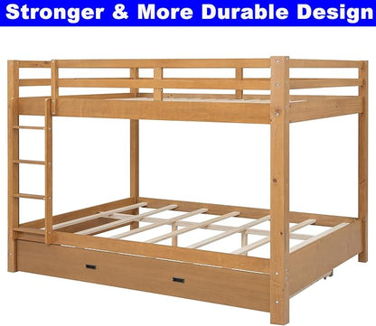 Upgraded Version Thicken Solid Wood Queen Over Queen Bunk Bed with Twin XL Size Trundle, Best Wooden Bunk Bed for Adults, Easy to Assemble (Wood Color with Trundle)