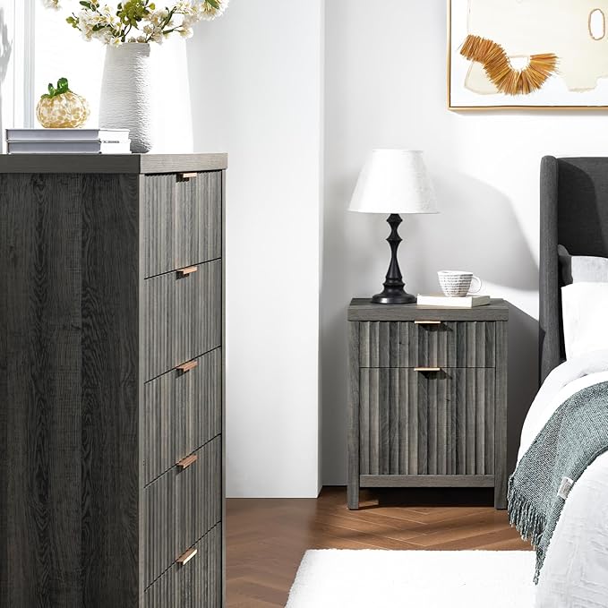 5 Drawers Dresser for Bedroom, 44 Inches Tall Modern Bedroom Dressers, Chest of Drawers for Bedroom, Fluted Dresser for Closet Organizer for Living Room, Hallway, Entryway (Midnight Oak, 3 Pieces)