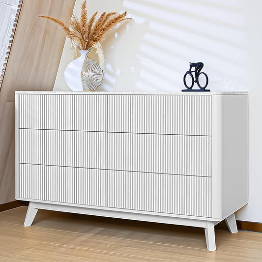 Fluted 6 Drawers Dresser for Bedroom,52" Wide Handleless Chest of Drawers with Faux Marble Top, Wooden Dresser TV Stand, Wood Drawer Organizer for Living Room, Hallway, White