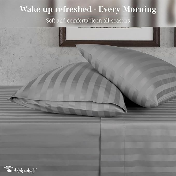 URBANHUT 800 Thread Count 100% Cotton Damask King Size Sheets, 4 Piece Striped King Size Bedsheets, Luxury Hotel Sheets Sateen Weave - Better Than Egyptian, 16" Elasticized Deep Pocket- Dark Grey