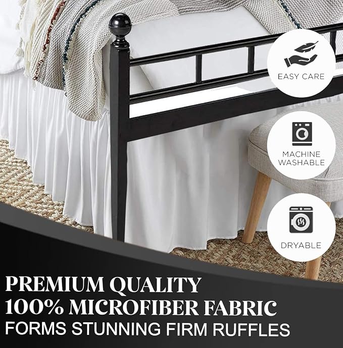 Ruffled Bed Skirt with Split Corners, White, Queen 24 Inch Drop Bedskirt, Hotel Quality Brushed Microfiber Wrinkle Free Dust Ruffle Bed Skirt Queen Size