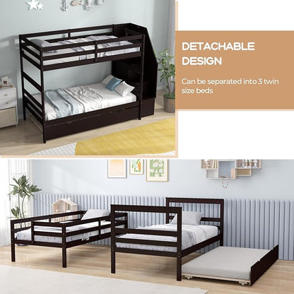 KOTEK Twin Over Twin Bunk Bed with Trundle and Stairs, Solid Wood Bunk Bed Frame with Storage Shelf, Bunk Beds Detachable into 2 Platform Beds for Kids Teens Adults (Espresso)