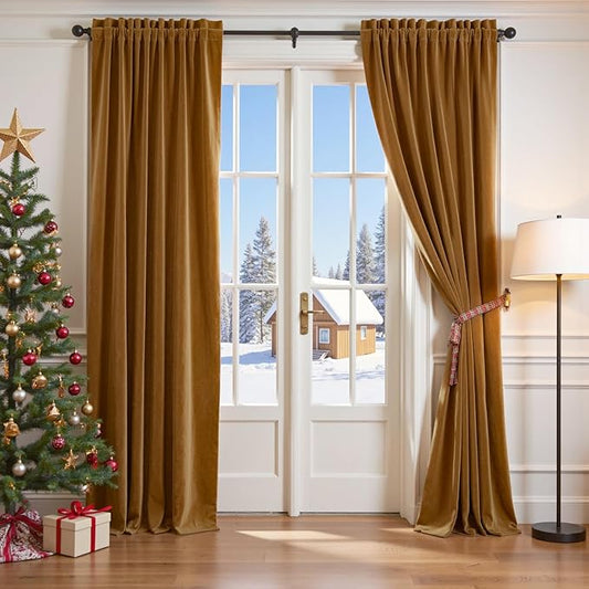 Lazzzy Velvet Curtains Brown Blackout Curtains Thermal Insulated Drapes for Bedroom Living Room Darkening 120 Inches Extra Long Window Treatments Super Soft Luxury Rod Pocket 2 Panels Gold Brown