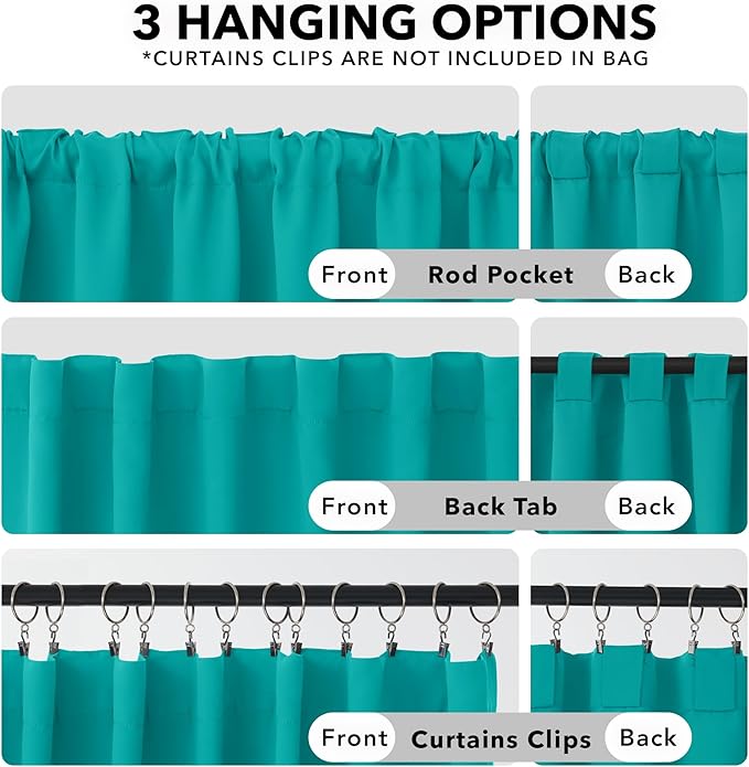 Deconovo Solid Back Tab and Rod Pocket Room Darkening Shades Insulated Thermal Window Coverings Blackout Curtains for Sliding Glass Door 52Wx95L Inch Turquoise Set of 2