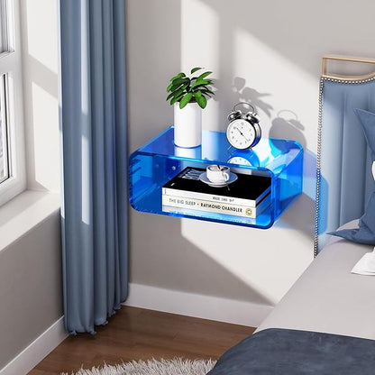 Acrylic Floating Nightstand, Bedside Table, Nightstand Shelf Wall Mounted Bedside Shelf (Blue, Small)