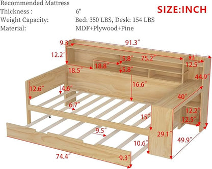 Merax Twin Size Corner Bed Frames with Desk and Trundle & Storage Shelves Headboard, Pinewood U-Shaped Captain Daybed for Small Room, Bedroom, Guest Room, Kids' Room, Natural