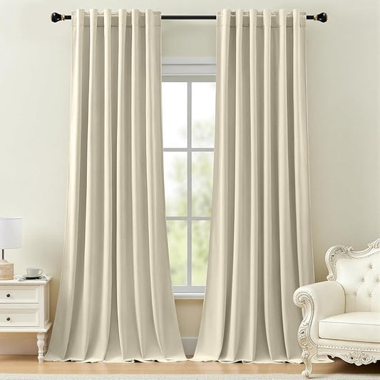 Ivory Velvet Curtains 96 Inches for Bedroom, Thermal Insulated Super Soft Room Darkening Sound Reducing Velvet Curtain Privacy Drapes for Living Room, Back Tab Rod Pocket, W52 x L96, 2 Panels